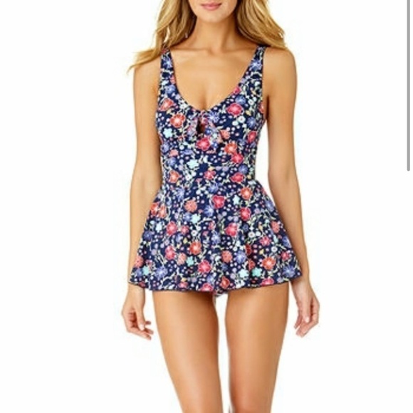 Liz Claiborne Floral Navy Colorful Skirt One Piece Swimsuit Bow Detail Adorable - Picture 2 of 14
